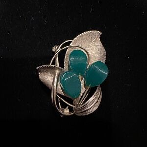 Vintage Elegant Silver Tone and Faux Green Jade Leaf Brooch